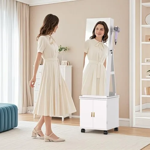 VECELO Jewelry Cabinet Standing Full Length Mirror with Interior LED Lights, 360° Swivel Lockable Jewelry Armoire with Bottom Cabinet Back Storage Shelf and Four Wheels, White