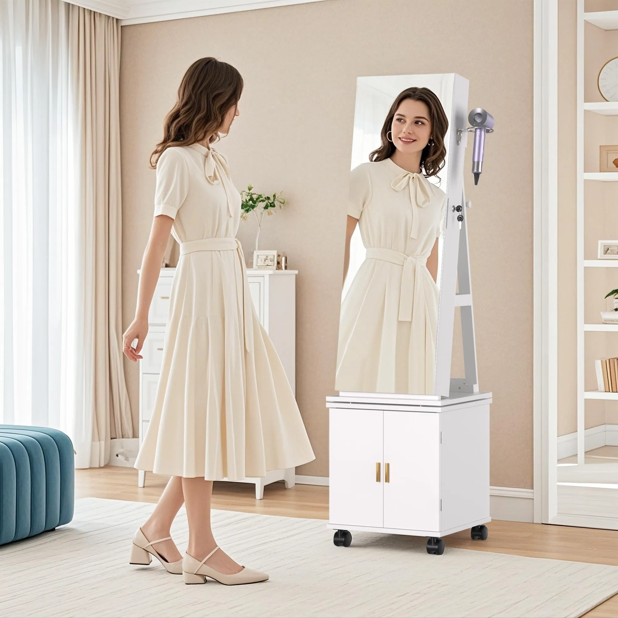 VECELO Jewelry Cabinet Standing Full Length Mirror with Interior LED Lights, 360° Swivel Lockable Jewelry Armoire with Bottom Cabinet Back Storage Shelf and Four Wheels, White
