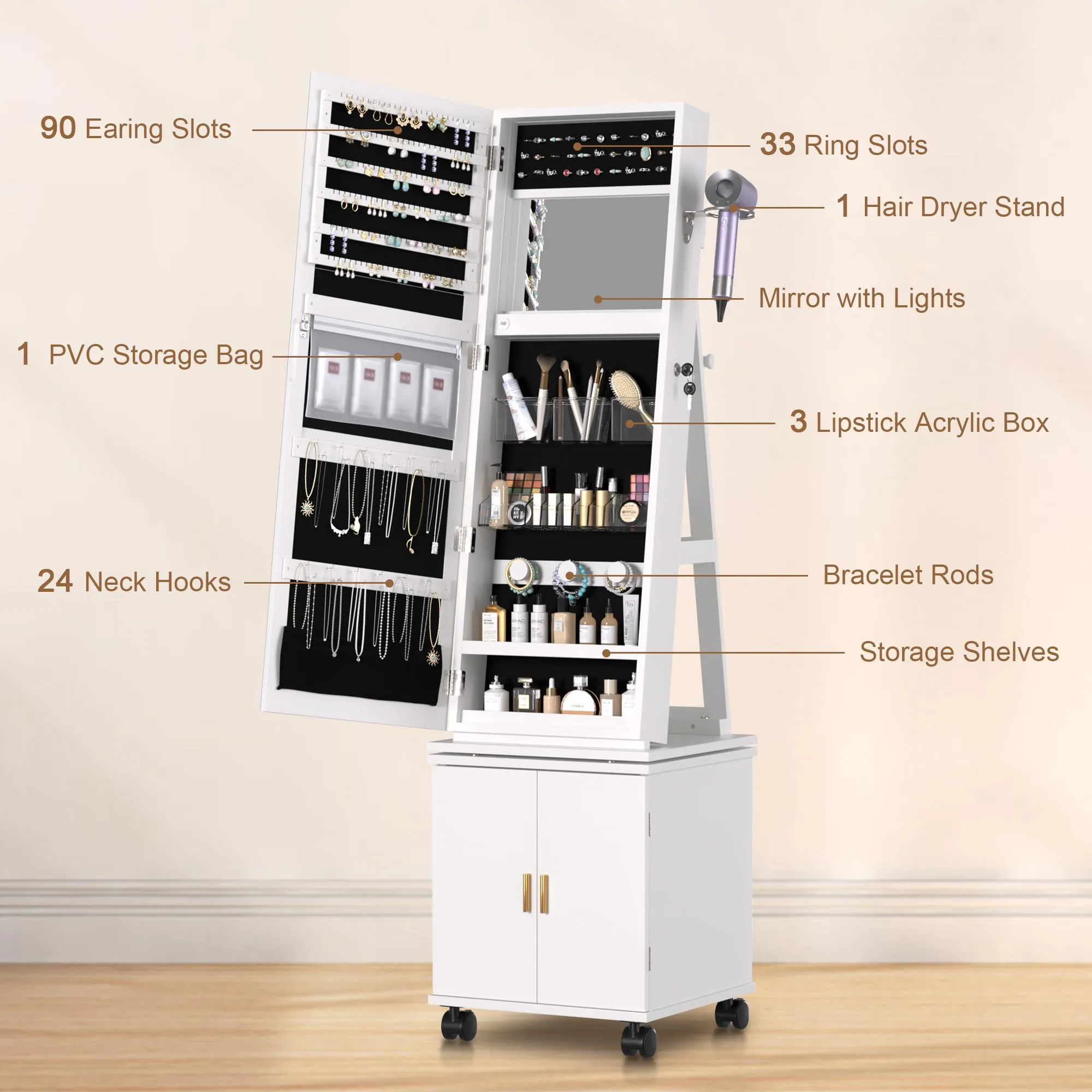 VECELO Jewelry Cabinet Standing Full Length Mirror with Interior LED Lights, 360° Swivel Lockable Jewelry Armoire with Bottom Cabinet Back Storage Shelf and Four Wheels, White