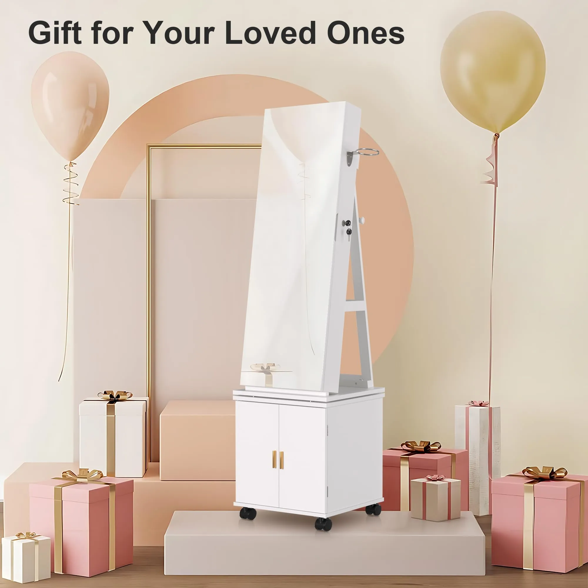 VECELO Jewelry Cabinet Standing Full Length Mirror with Interior LED Lights, 360° Swivel Lockable Jewelry Armoire with Bottom Cabinet Back Storage Shelf and Four Wheels, White