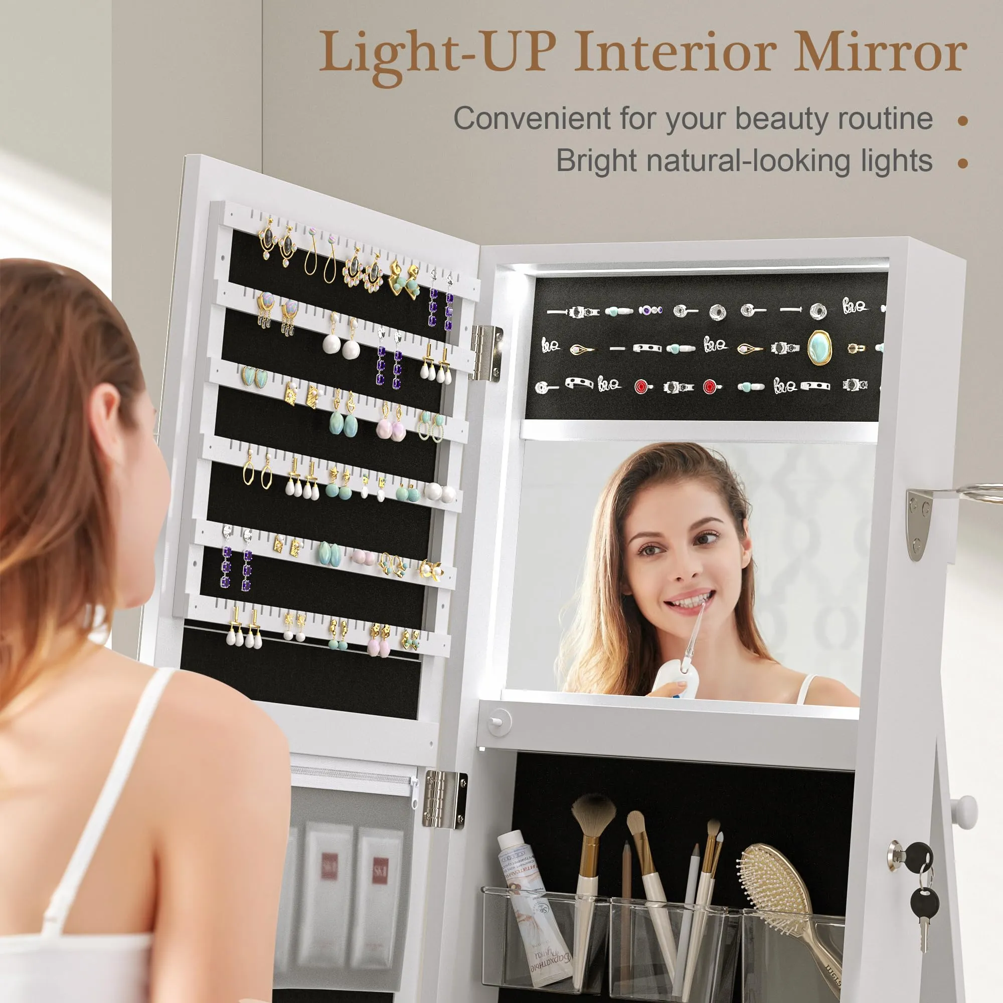 VECELO Jewelry Cabinet Standing Full Length Mirror with Interior LED Lights, 360° Swivel Lockable Jewelry Armoire with Bottom Cabinet Back Storage Shelf and Four Wheels, White