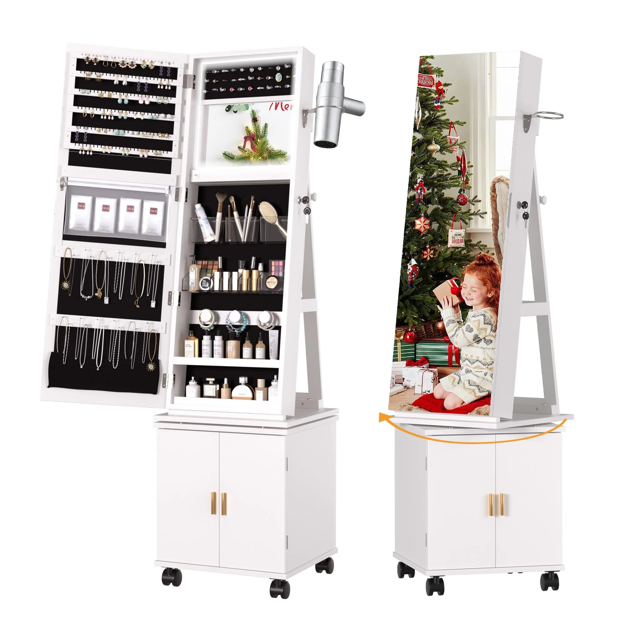 VECELO Jewelry Cabinet Standing Full Length Mirror with Interior LED Lights, 360° Swivel Lockable Jewelry Armoire with Bottom Cabinet Back Storage Shelf and Four Wheels, White