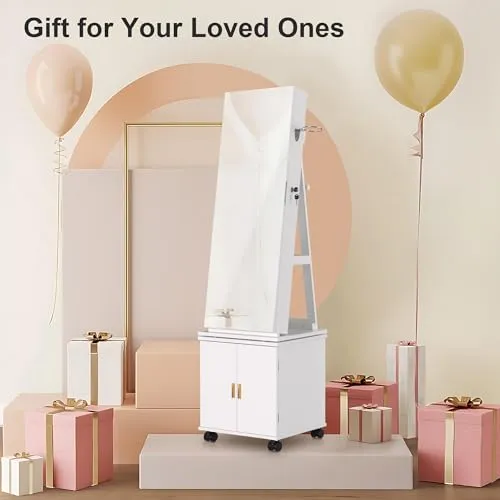 VECELO Jewelry Cabinet Standing Full Length Mirror with Interior LED Lights, 360° Swivel Lockable Jewelry Armoire with Bottom Cabinet Back Storage Shelf and Four Wheels, White