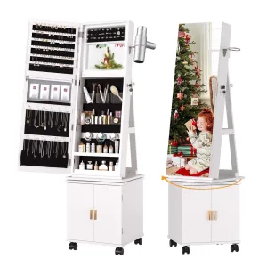 VECELO Jewelry Cabinet Standing Full Length Mirror with Interior LED Lights, 360° Swivel Lockable Jewelry Armoire with Bottom Cabinet Back Storage Shelf and Four Wheels, White