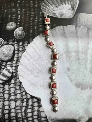 Vintage Sterling Silver & Red Coral Panel Bracelet