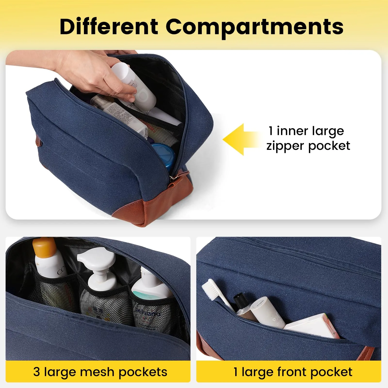Vorspack Large Toiletry Bag Hanging Dopp Kit for Men Water Resistant Canvas Shaving Bag with Large Capacity for Travel - Navy Blue