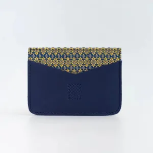 Woven Card Holder - Navy Blue Leather