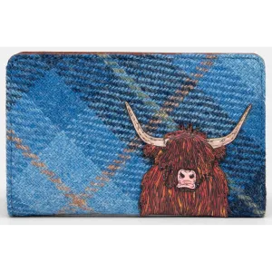 Yoshi Highland Cow Blue Harris Tweed Flap Over Zip Around Leather Purse