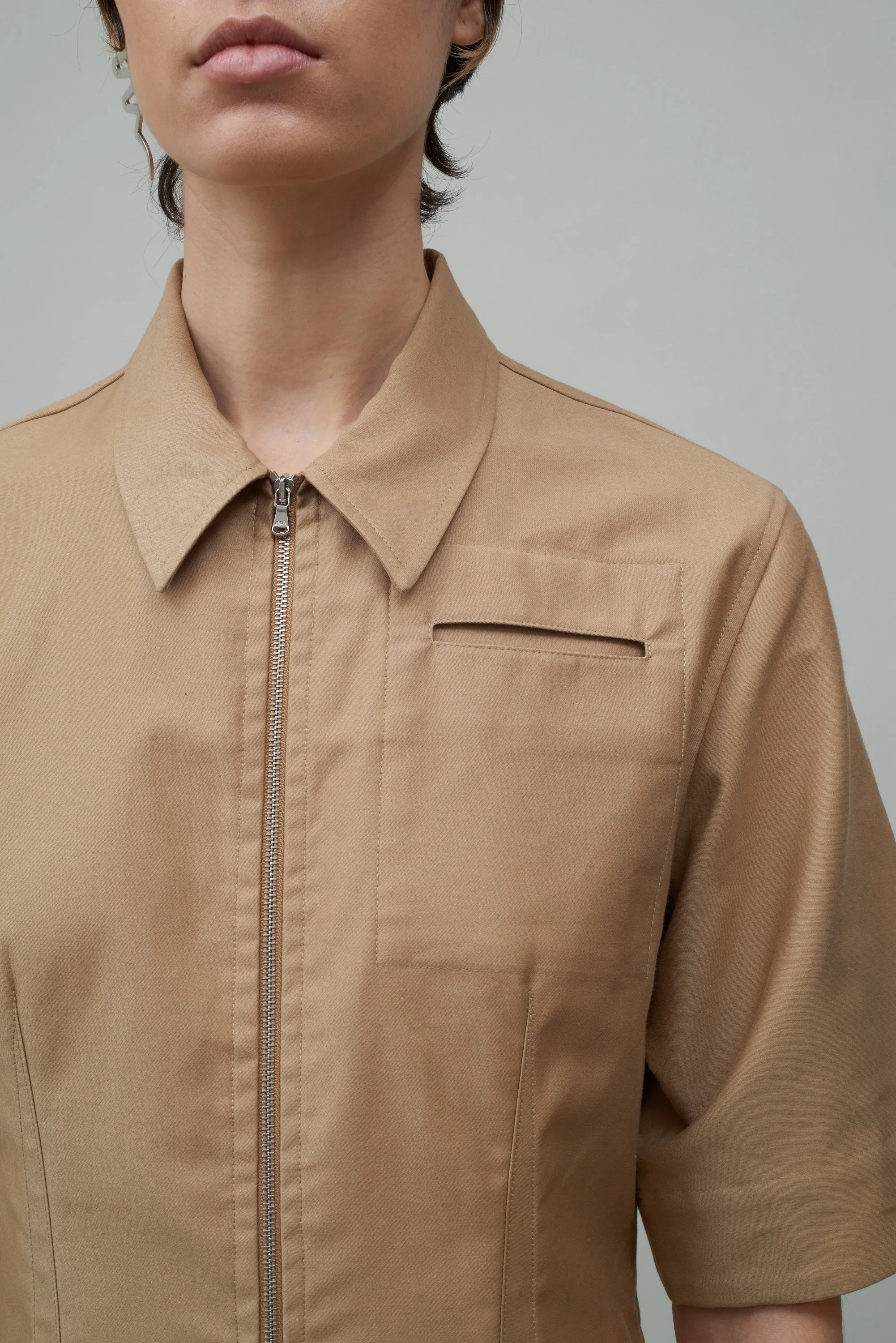 ZIP FRONT POCKET DRESS - TAN
