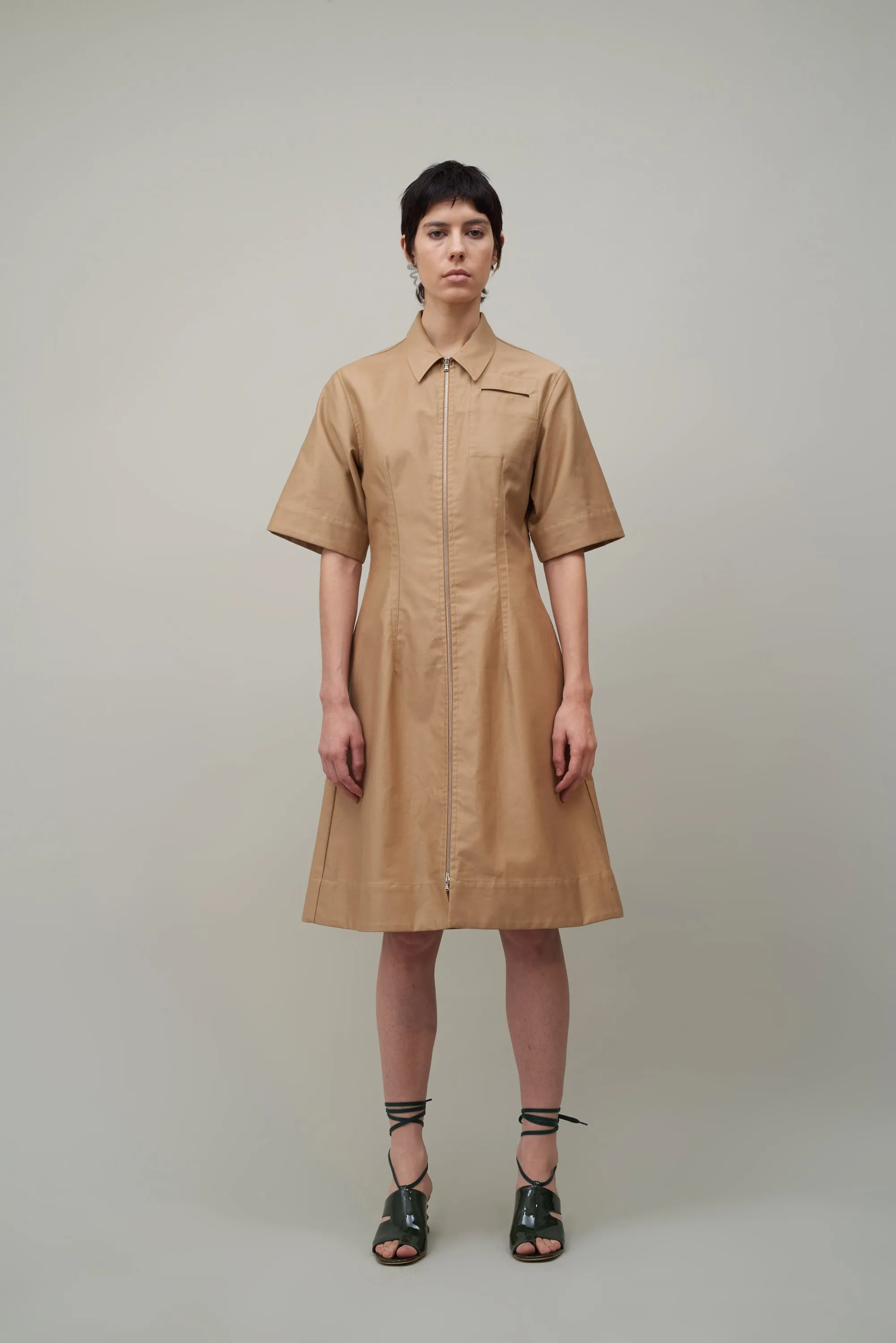 ZIP FRONT POCKET DRESS - TAN