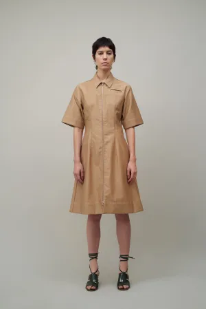 ZIP FRONT POCKET DRESS - TAN